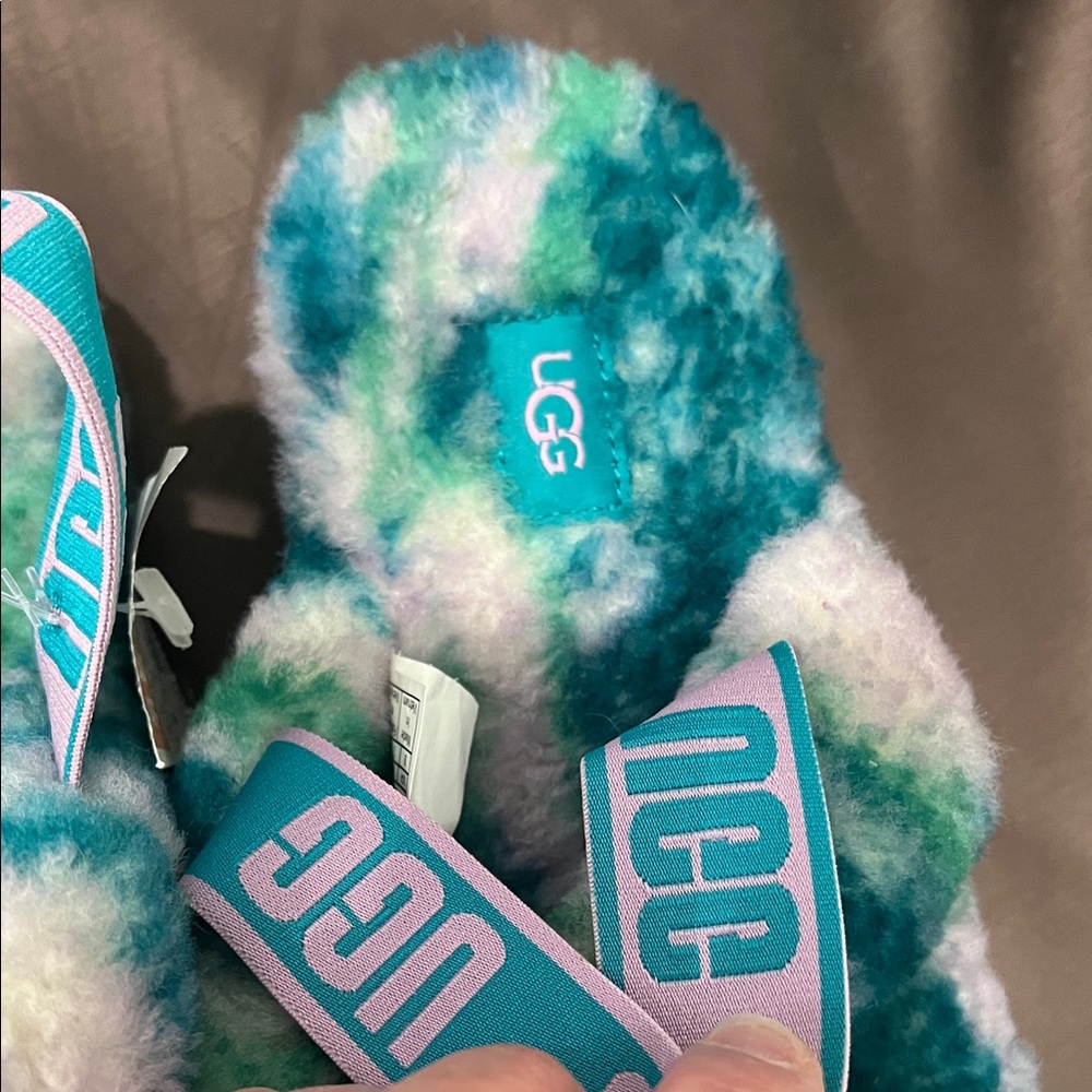 UGG Fluffy Slippers in Teal and White